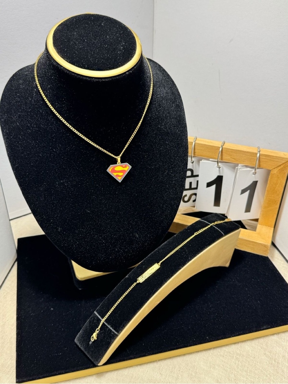 Gold-Tone Superman Shield Pendant Necklace and Bracelet Set - Red/Yellow Enamel